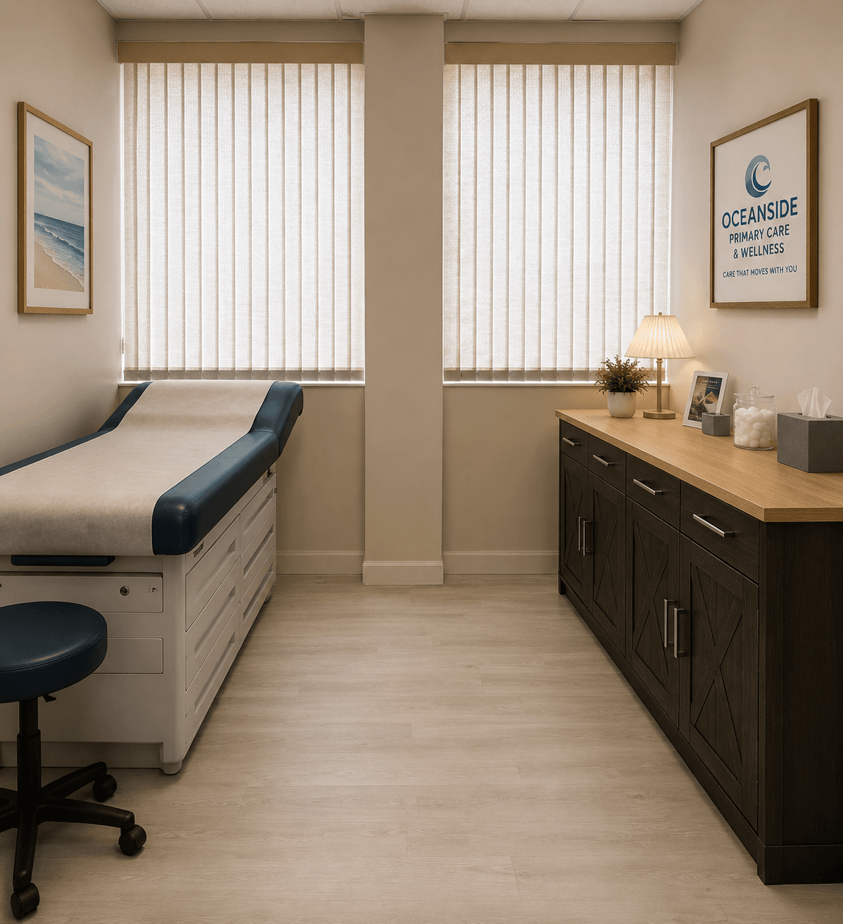 Modern medical exam room featuring a blue examination table, dark wood cabinetry, and vertical blinds.